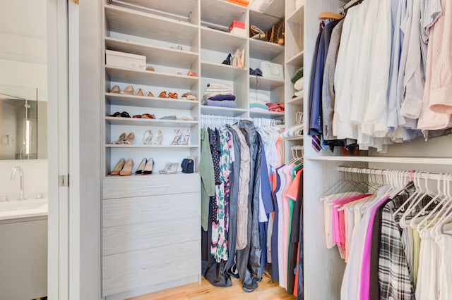 walk in closet with sink and light hardwood / wood-style floors