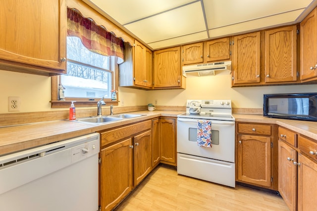 kitchen with sink, white appliances, and light wood-type flooring