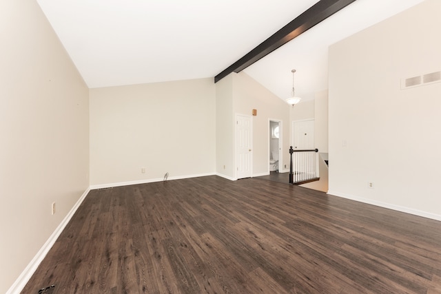 unfurnished living room with beamed ceiling, dark hardwood / wood-style floors, and high vaulted ceiling