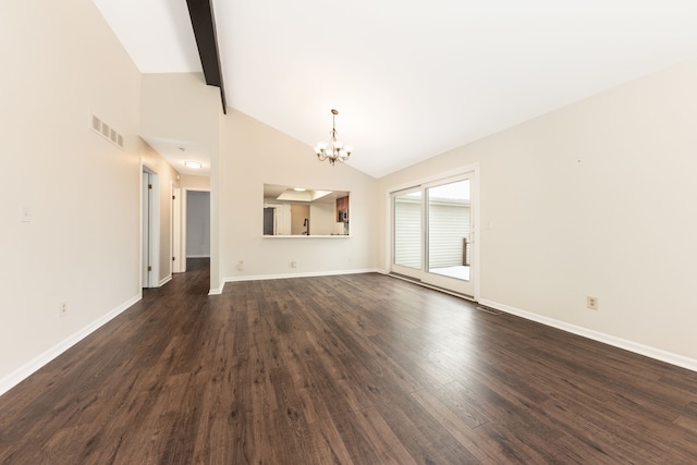 unfurnished living room with sink, lofted ceiling with beams, dark hardwood / wood-style floors, and a chandelier