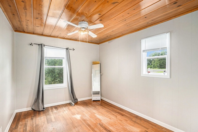 unfurnished room with ceiling fan, crown molding, wood ceiling, and light hardwood / wood-style flooring