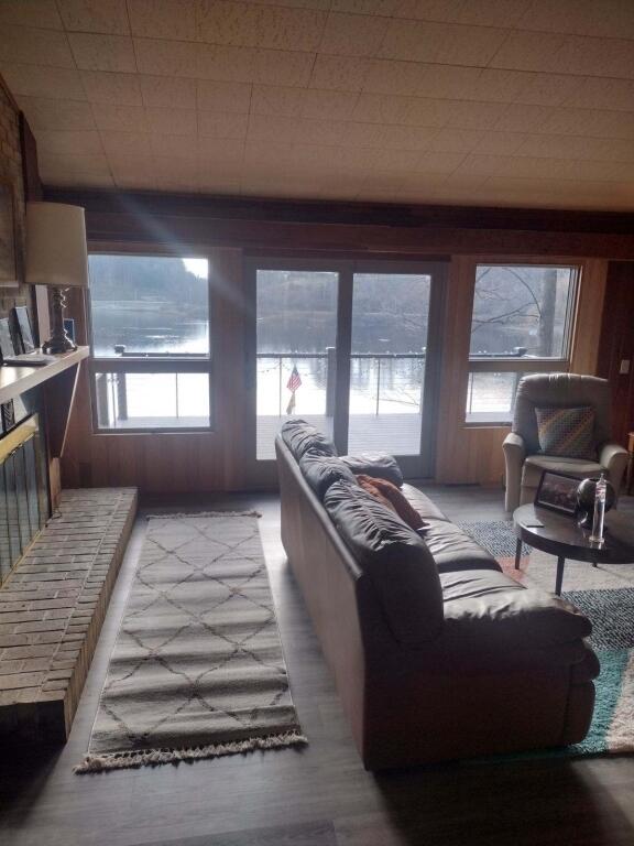 living room with a healthy amount of sunlight and wood walls