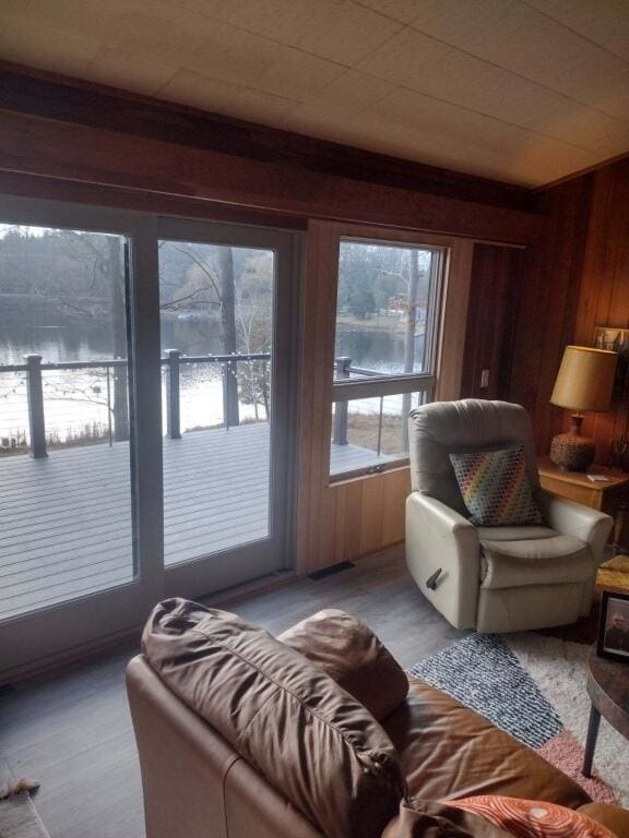 living room featuring wooden walls