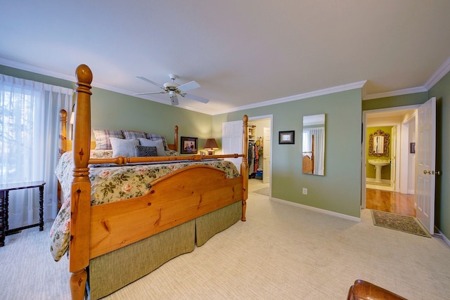 carpeted bedroom featuring crown molding, a spacious closet, ceiling fan, and a closet