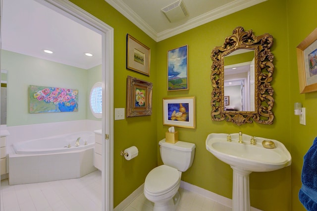 bathroom with crown molding, toilet, tile patterned flooring, and a tub