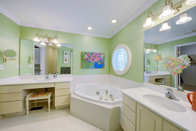 bathroom with vanity, tiled tub, crown molding, and tile patterned flooring