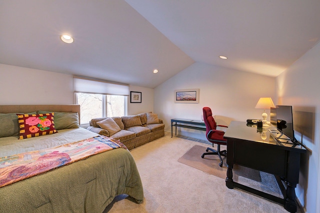 carpeted bedroom featuring vaulted ceiling