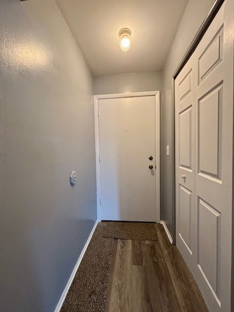 doorway with dark hardwood / wood-style floors