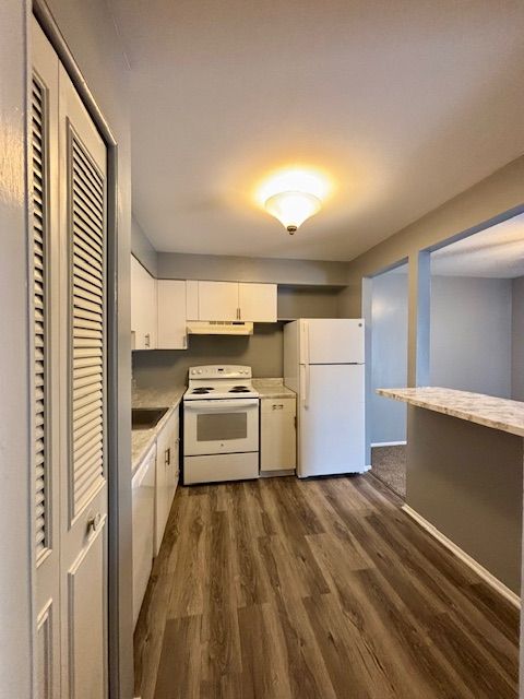 kitchen with white cabinetry, white appliances, and dark hardwood / wood-style flooring