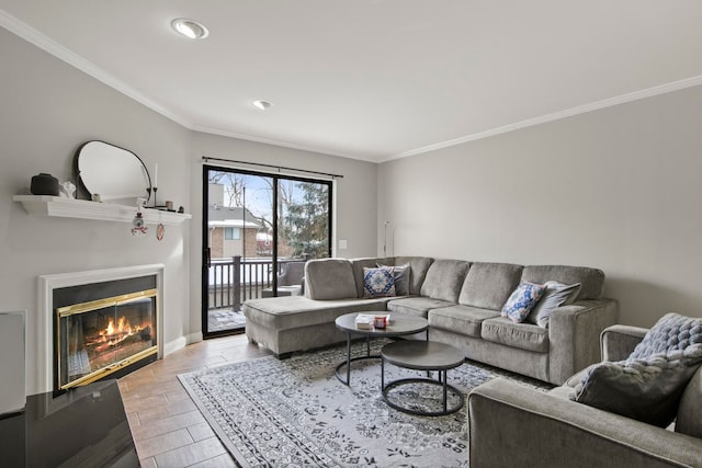 living room with crown molding