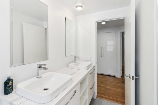 bathroom with vanity and wood-type flooring