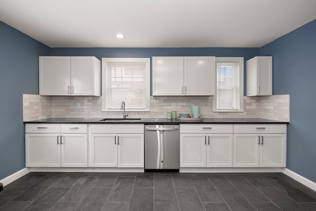 kitchen with stainless steel dishwasher, a healthy amount of sunlight, sink, and white cabinets