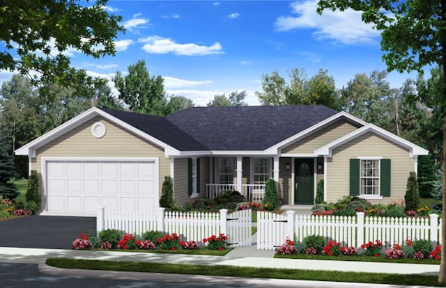 ranch-style home featuring a garage, aphalt driveway, and a fenced front yard