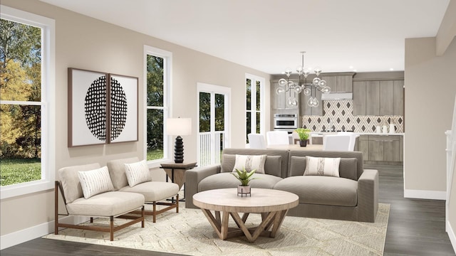 interior space with an inviting chandelier and dark hardwood / wood-style flooring