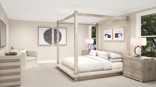 bedroom featuring multiple windows, ornamental molding, and carpet flooring