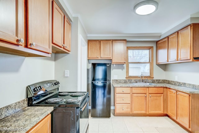 kitchen with sink, crown molding, black appliances, and light tile patterned floors