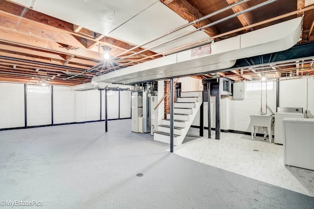 basement with washer / clothes dryer, electric panel, sink, and water heater