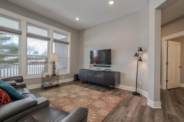 living room with dark hardwood / wood-style floors