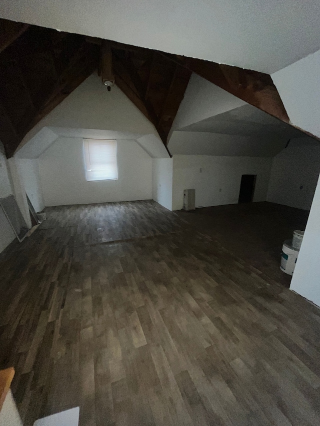 additional living space with vaulted ceiling, radiator heating unit, and wood finished floors