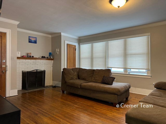 living room featuring wood-type flooring, crown molding, and a fireplace