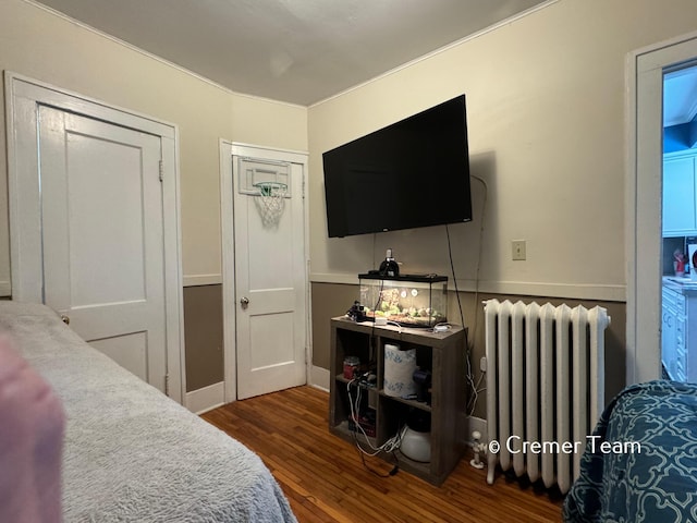 bedroom with radiator heating unit, dark hardwood / wood-style flooring, and a closet