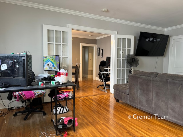 office space with hardwood / wood-style flooring and ornamental molding