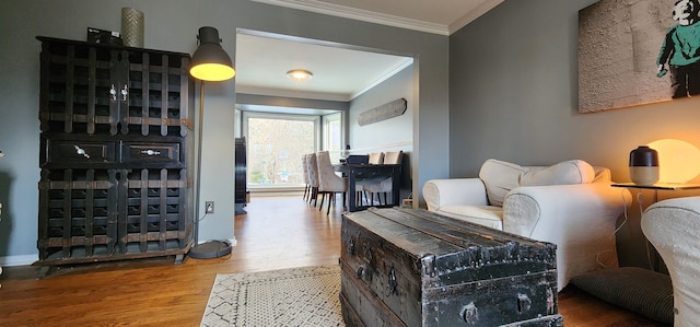 living room with crown molding and wood-type flooring