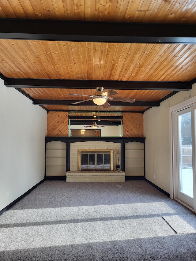 unfurnished living room featuring a fireplace, beamed ceiling, and wood walls