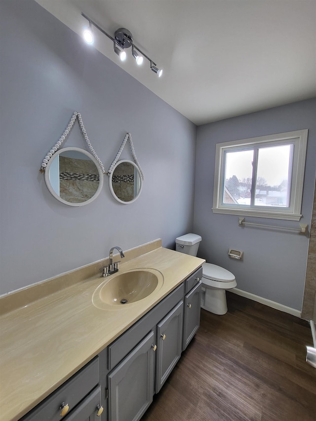 bathroom with vanity, hardwood / wood-style flooring, and toilet