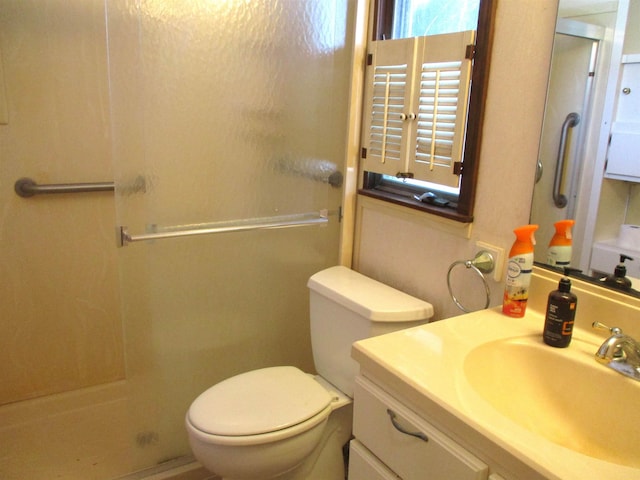 bathroom featuring vanity, toilet, and walk in shower