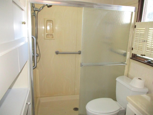 bathroom with vanity, an enclosed shower, and toilet