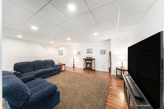 living room featuring wood-type flooring and a stone fireplace