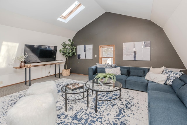 carpeted living room with lofted ceiling with skylight