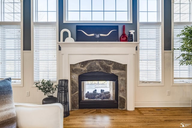 interior details with a stone fireplace and wood-type flooring