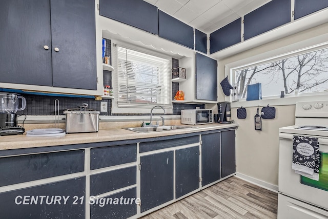 kitchen with white electric range, light hardwood / wood-style floors, and sink