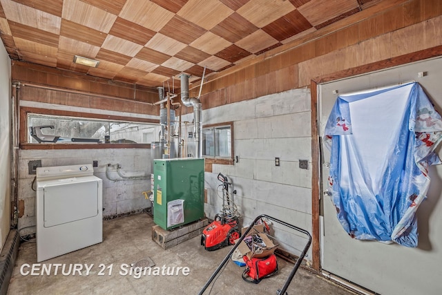 interior space featuring washer / clothes dryer and wooden ceiling