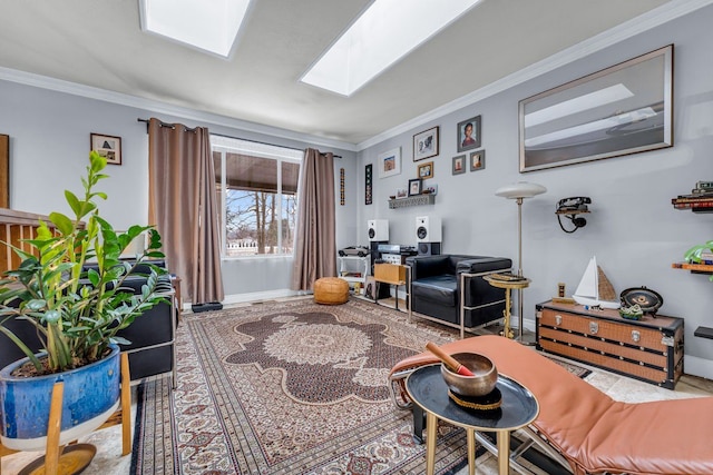 living area with ornamental molding and a skylight