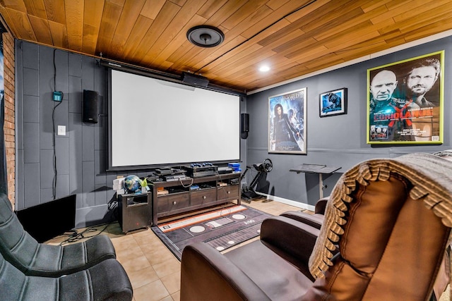 home theater room featuring wooden ceiling and light tile patterned flooring