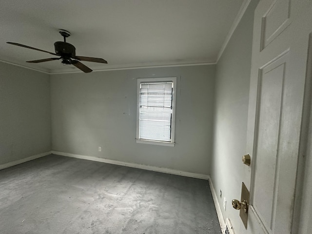 unfurnished room featuring baseboards, a ceiling fan, and crown molding