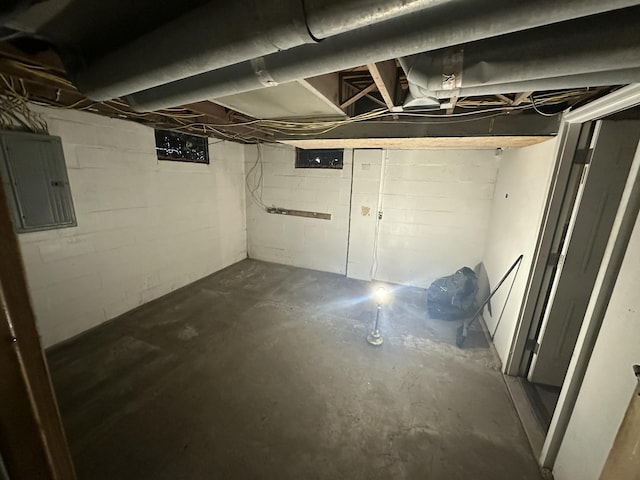 unfinished basement featuring electric panel