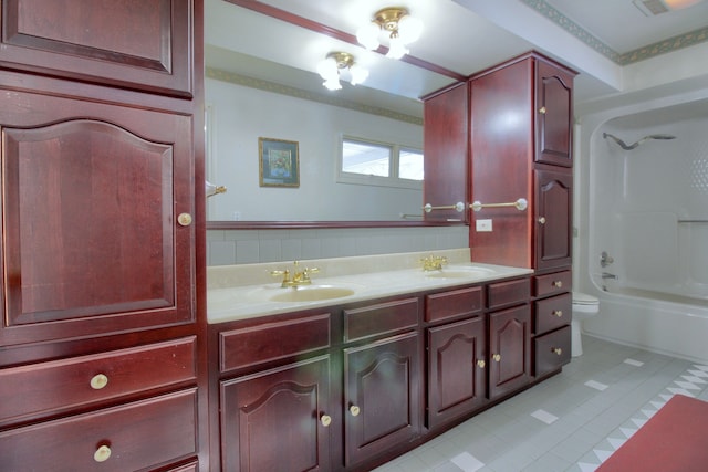 full bathroom with shower / washtub combination, tile walls, tile patterned flooring, vanity, and toilet