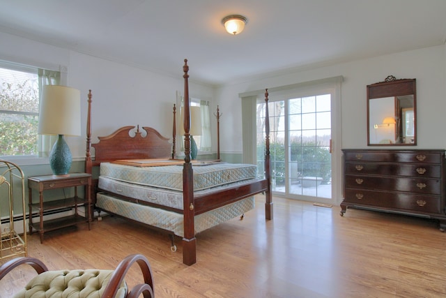 bedroom featuring access to outside, multiple windows, and light hardwood / wood-style flooring