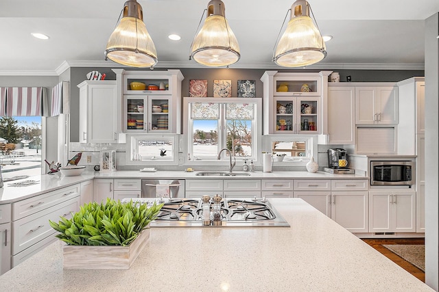 kitchen featuring a healthy amount of sunlight, crown molding, appliances with stainless steel finishes, and a sink