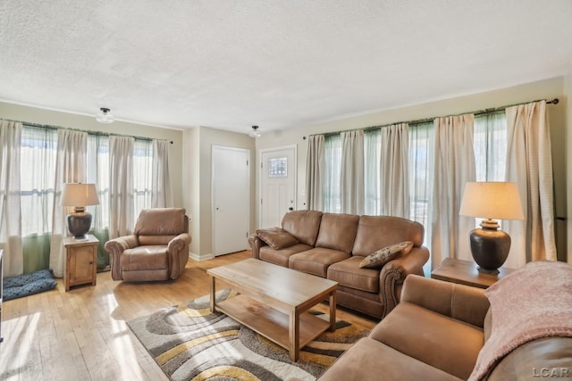 living room featuring a textured ceiling and light hardwood / wood-style floors