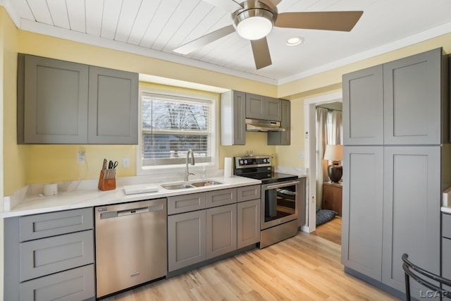 kitchen with sink, light hardwood / wood-style flooring, gray cabinets, ceiling fan, and stainless steel appliances