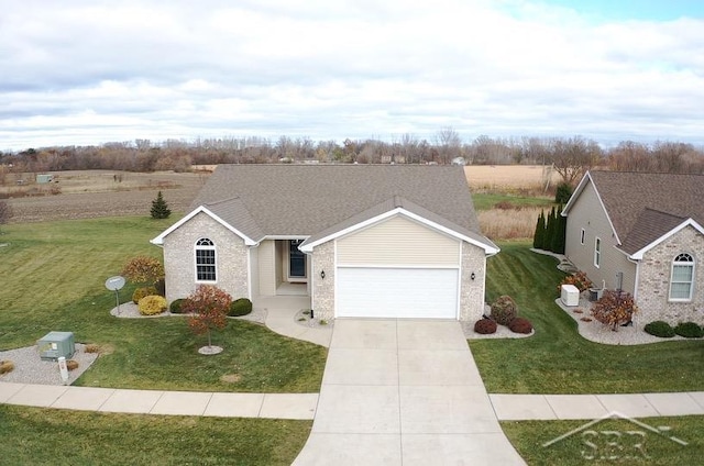 single story home featuring a garage and a front yard