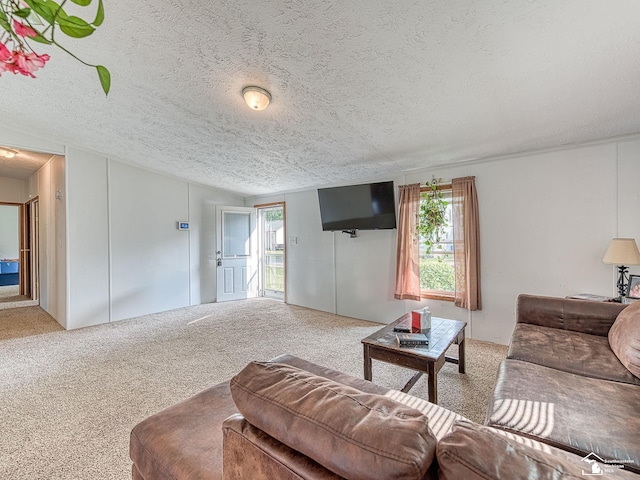 carpeted living room featuring vaulted ceiling, a wealth of natural light, and a textured ceiling