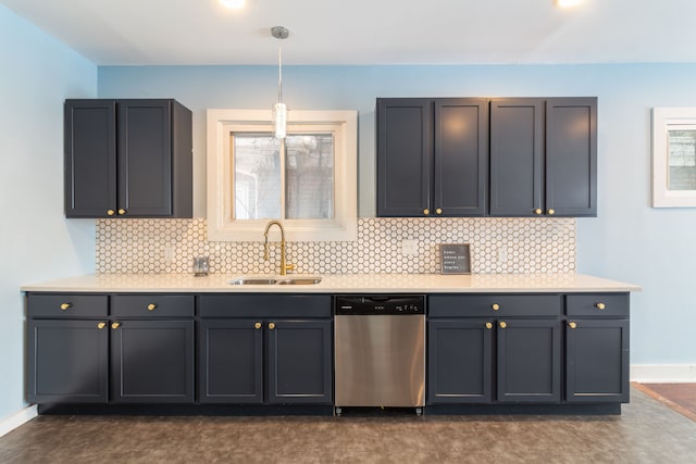 kitchen featuring dishwasher, sink, gray cabinetry, and decorative light fixtures