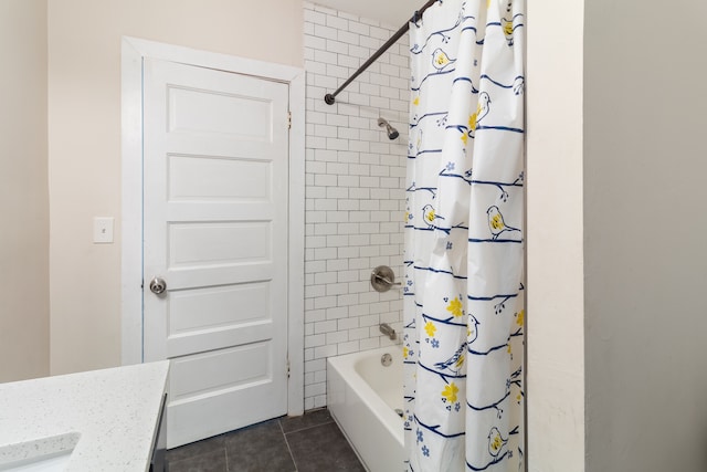 bathroom featuring shower / bath combination with curtain, tile patterned floors, and vanity