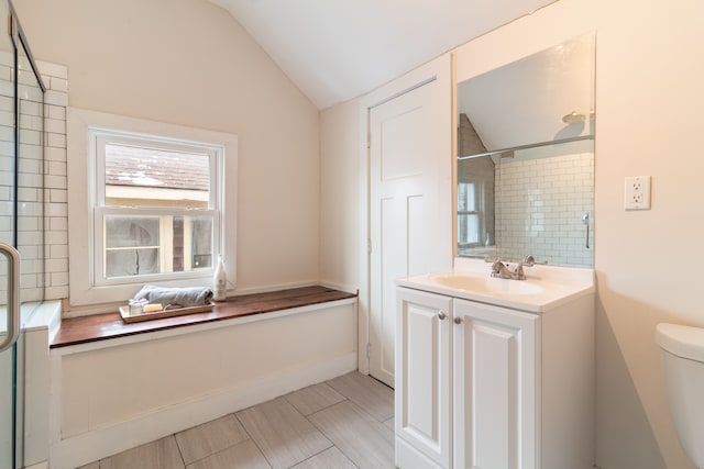 bathroom featuring vanity, vaulted ceiling, and toilet